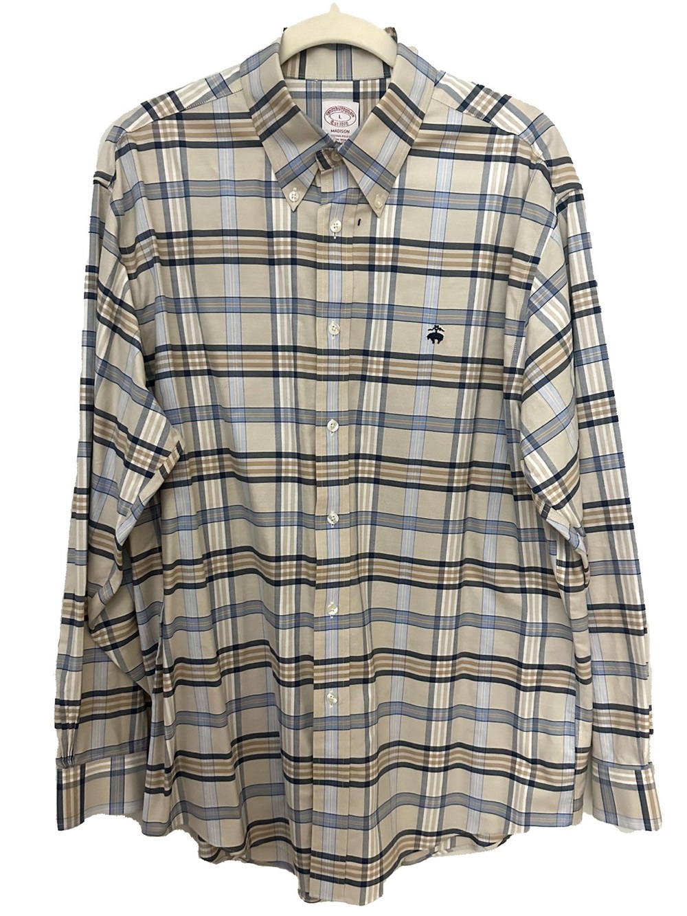 Brooks Brothers Tan and Blue Plaid Button-Down Shirt